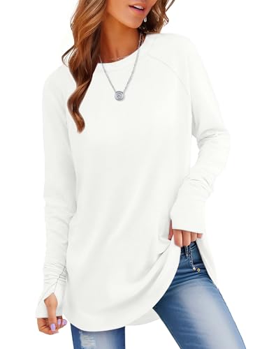 Rapbin Sweatshirt Damen Pullover Basic Langarmshirt Rundhals Herbst Winter Casual Oberteile Tops für Leggings Mit Daumenloch Weiß S von Rapbin