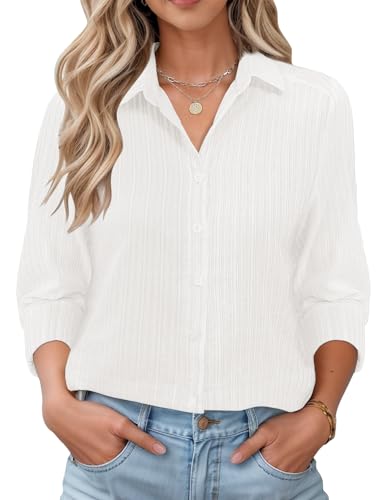 Rapbin T-Shirt Damen Lässig Langarm Oberteile V-Ausschnitt Hemd Elegant Bluse Tunika Mit Knopfleiste Weiße Streifen L von Rapbin