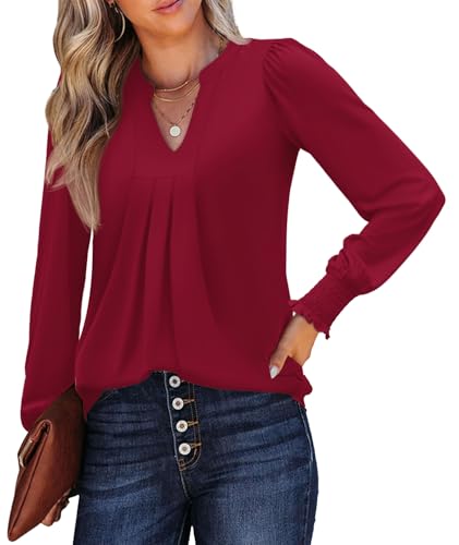 Rapbin T-Shirts Damen Langarm V-Ausschnitt Bluse Plissee Oberteil Rüschenbündchen Elegante Lässige Langarmshirt（Burgunderrot，XL） von Rapbin