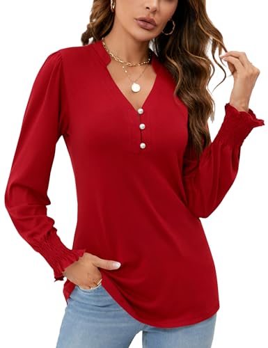Rapbin T-Shirts für Damen Langarm Casual Bluse V-Ausschnitt Knopfleiste Tunika Top Elegant Rüschenärmel Oberteile Rot XL von Rapbin