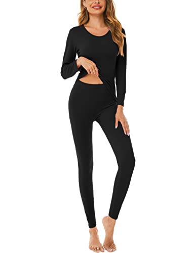 Rapbin Thermounterwäsche Damen Winter Warm Thermooberteil Thermohose Leggings Innenfleece Funktionsunterwäsche Sets Skiunterwäsche Rundhals Ski Thermowäsche Set, Schwarz L von Rapbin