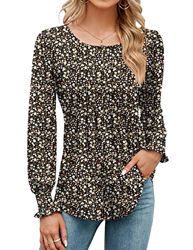 Rapbin Tshirt Damen Rundhals Blusen Tunika Puff Langarm Plissee Tops Herbst Blumenprint Oberteile Lässig Shirts Hemd mit Rüschenmanschetten Schwarz Bedruckt L von Rapbin