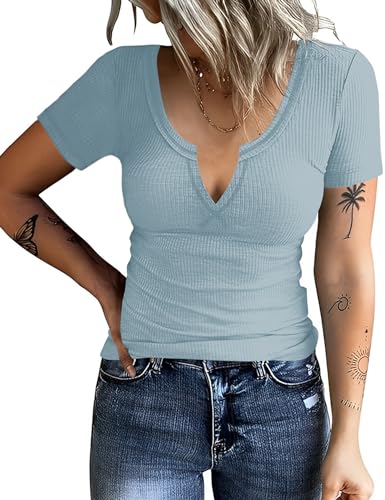 Rapbin Tshirt Damen Sommer Kurzärmeliges T-Shirt mit V-Ausschnitt Basic Baumwolle Oberteile Frauen Kurzarmshirt Tops (B-Blau,XL) von Rapbin