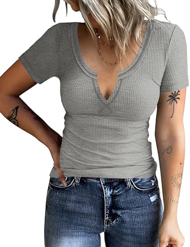 Rapbin Tshirt Damen Sommer Kurzärmeliges T-Shirt mit V-Ausschnitt Basic Baumwolle Oberteile Frauen Kurzarmshirt Tops (B-Grau,XL) von Rapbin