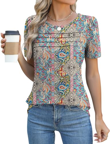 Rapbin Tshirt Damen Sommer Kurzarm Bluse Elegant Rundhals Mit Falten Oberteil Locker Frauen Puffärmel Blumen Tops Lässig Basic Tunika Shirts 2025(Boho Druck,XL) von Rapbin