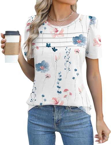 Rapbin Tshirt Damen Sommer Kurzarm Bluse Elegant Rundhals Mit Falten Oberteil Locker Frauen Puffärmel Blumen Tops Lässig Basic Tunika Shirts 2025(Weiß Blau Blumen,XXL) von Rapbin