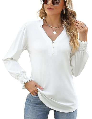 Rapbin Tunika Damen Langarm V-Ausschnitt Knopfleiste Bluse Elegant T-Shirt Casual Rüschenärmel Oberteile Langarmshirt Damen Hemdbluse Weiß M von Rapbin