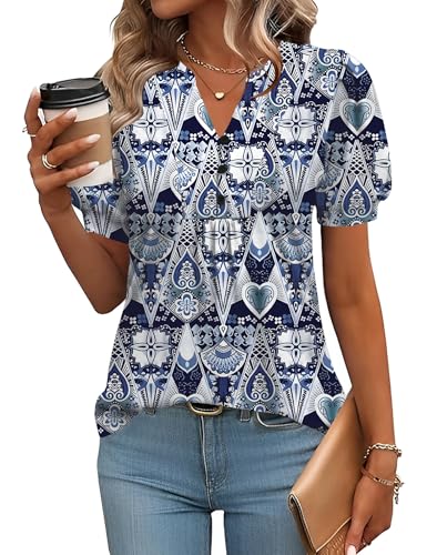 Rapbin Tunika Damen Sommer V-Ausschnitt Knopfleiste Bluse Tunika Tops Kurzarm Leicht Bluse Geometrie-Druck M von Rapbin