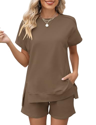 Rapbin Zweiteiler Damen Rundhalsausschnitt Einfarbig Kurz Baumwolle Loungewear Outfit Jogger Trainingsanzug Set Khaki von Rapbin