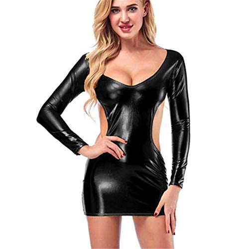 chenyesun Damen Nachthemd Unterkleid Frauen Leder Negligee Kurzer Rock Nachtwäsche Langarm Rückenfrei Reizwäsche Dessous Sets Lingerie Nachtkleid Sleepwear Kleid und Slip (Schwarz) von chenyesun