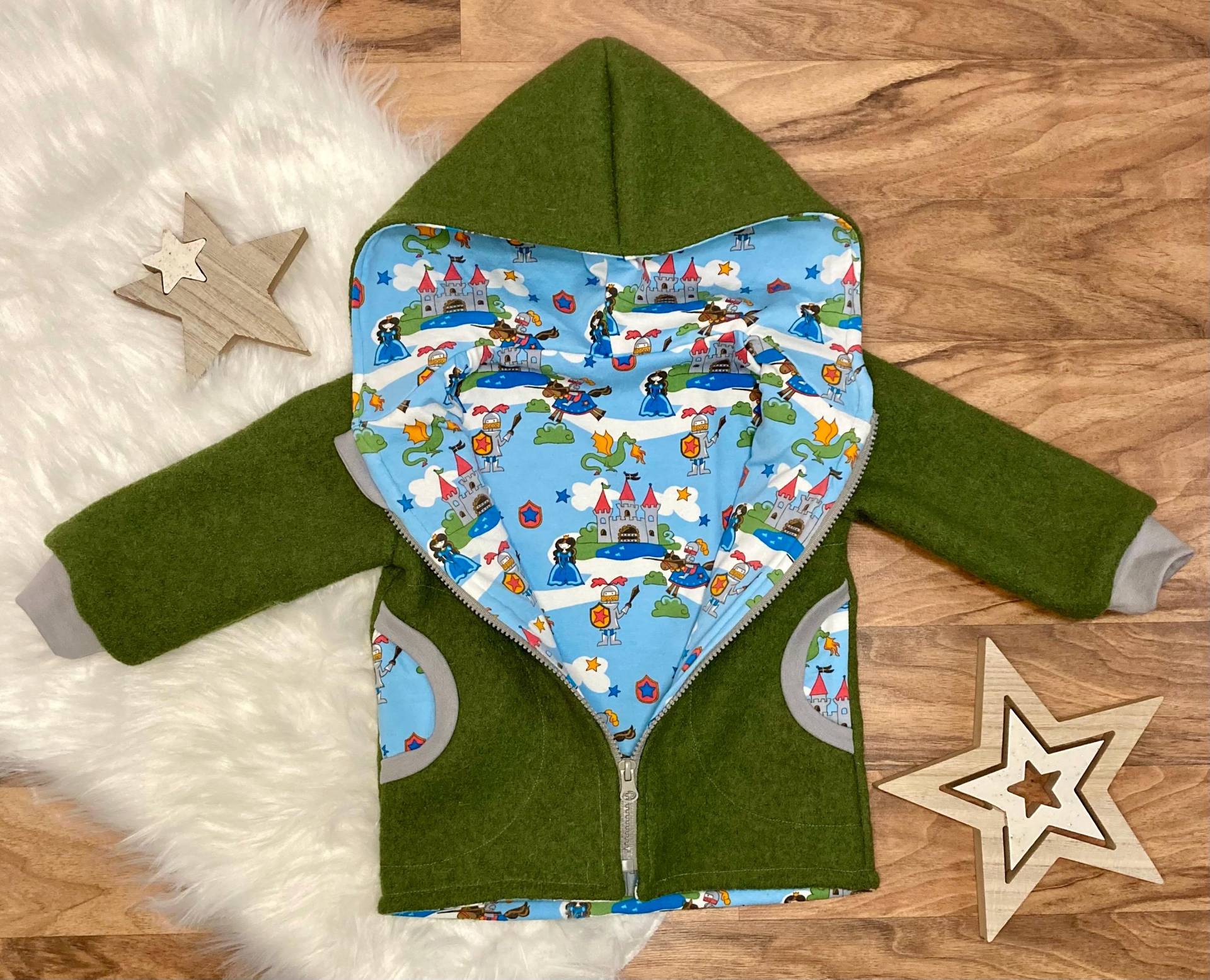 Wollwalk Jacke Jungen Gr.92, Grün - Moosgrün, Mit Reißverschluss & Taschen, Gefüttert Bio Jersey Passende Mütze + Schal Auf Wunsch von Rappalapapp