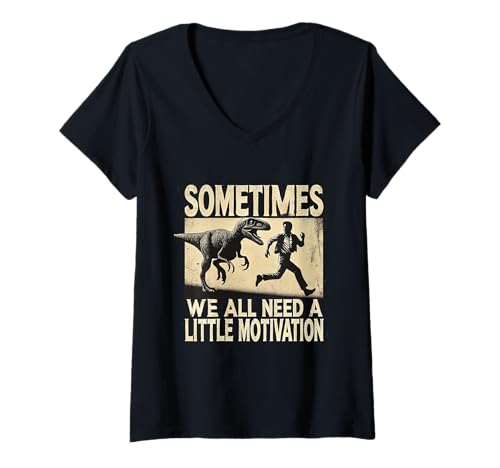 Damen Lustiger Raptor Running Motivation Retro Dino Chase für Läufer T-Shirt mit V-Ausschnitt Damen Lustiger Raptor Running Motivation Retro Dino Chase für Läufer T-Shirt mit V-Ausschnitt von Raptor Run Motivation Co.