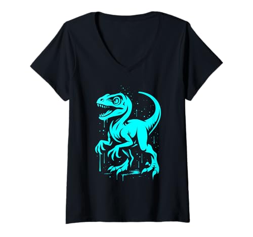 Damen Velociraptor Graffiti Dinosaurier Kunstwerk T-Shirt mit V-Ausschnitt von Raptor Street