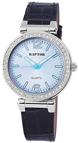 Raptor Damen-Uhr Armband aus Leder Dornschließe Armbanduhr Strasssteine Wrist-Watch 22 cm RA10109 (blau) von Raptor