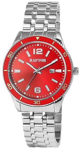 Raptor Brandon Herren-Uhr Edelstahl Datum Leuchtzeiger Analog Quarz RA20364 (silberfarbig rot) von Raptor