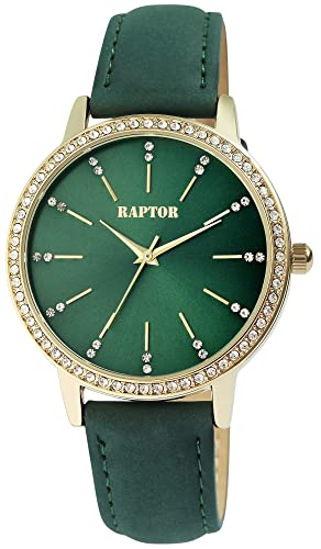 Raptor Brilliance Damen-Uhr Echt Leder Armband Strass Glitzer Elegant Analog Quarz RA10176 (grün goldfarbig) von Raptor