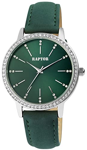 Raptor Brilliance Damen-Uhr Echt Leder Armband Strass Glitzer Elegant Analog Quarz RA10176 (grün silberfarbig) von Raptor