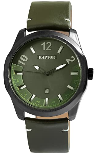 Raptor Charley Herren-Uhr Leder Datum Leuchtzeiger Analog Quarz RA20356 (grün) von Raptor