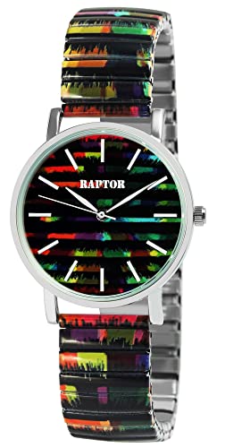 Raptor Colorful Edition Damen-Uhr Zugband Edelstahl Motiv Bunt Print Analog Quarz (schwarz/bunt) von Raptor