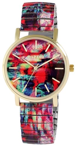 Raptor Colorful Edition Damen-Uhr Zugband Edelstahl Motiv Bunt Print Analog Quarz RA10205 (Rot) von Raptor