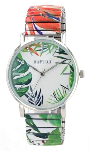 Raptor Colorful Edition Ø36mm Damen-Uhr Zugband Edelstahl Motiv Bunt Print Analog Quarz (grün orange weiß) von Raptor