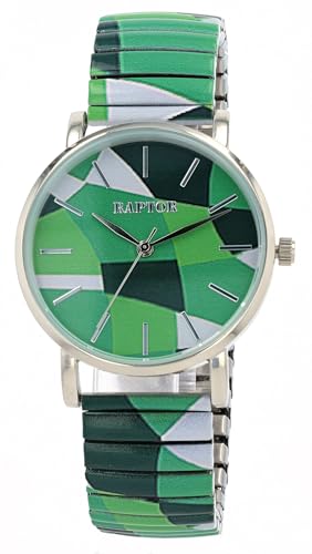 Raptor Colorful Edition Ø36mm Damen-Uhr Zugband Edelstahl Motiv Bunt Print Analog Quarz (grün weiß) von Raptor