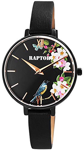 Raptor Damen-Uhr Echt Leder Armband Blumen Schmetterling Analog Quarz RA10197 (schwarz) von Raptor