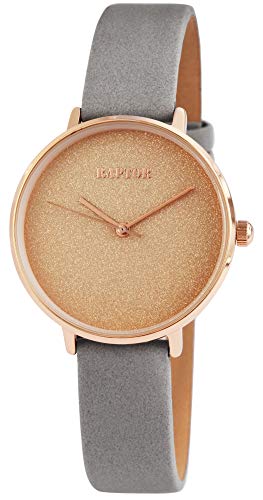 Raptor Damen-Uhr Echt Leder Armband Glitzer Elegant Analog Quarz RA10175 (grau/roségoldfarbig) von Raptor