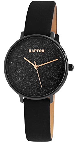 Raptor Damen-Uhr Echt Leder Armband Glitzer Elegant Analog Quarz RA10175 (schwarz/schwarz) von Raptor