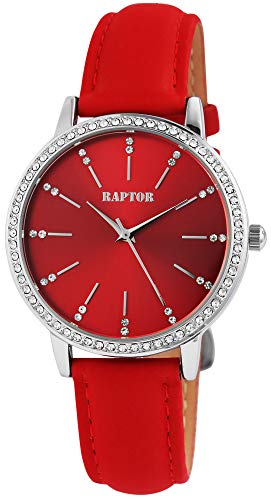 Raptor Damen-Uhr Echt Leder Armband Strass Glitzer Elegant Analog Quarz RA10176 (rot) von Raptor