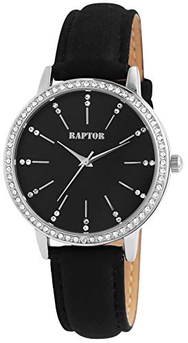 Raptor Damen-Uhr Echt Leder Armband Strass Glitzer Elegant Analog Quarz RA10176 (schwarz) von Raptor