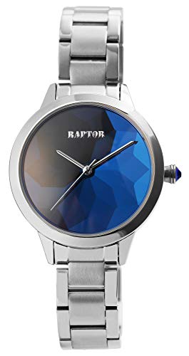 Raptor Damen-Uhr Edelstahl Armband Faltschließe rund elegant Analog Quarz RA10200 (silberfarbig/blau) von Raptor