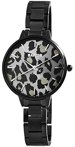 Raptor Damen-Uhr Edelstahl Armband Leo Print Animal Analog Quarz RA10186 (schwarz) von Raptor