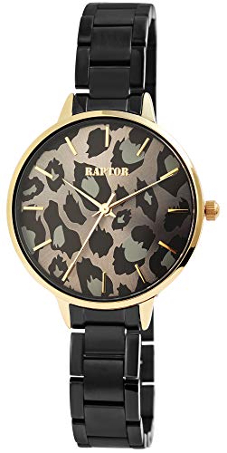 Raptor Damen-Uhr Edelstahl Armband Leo Print Animal Analog Quarz RA10186 (schwarz/goldfarbig) von Raptor