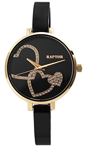Raptor Damen-Uhr Edelstahl Clipverschluss Herz Strass Analog Quarz RA10201 (schwarz/schwarz) von Raptor