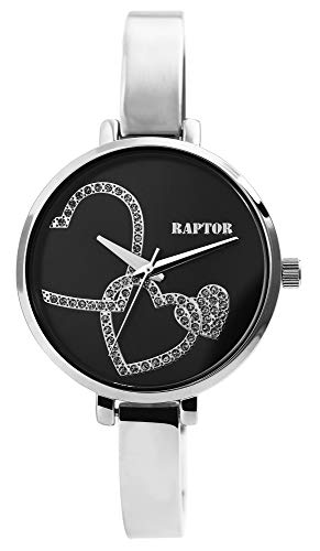 Raptor Damen-Uhr Edelstahl Clipverschluss Herz Strass Analog Quarz RA10201 (silberfarbig/schwarz) von Raptor