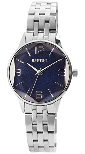 Raptor Damen-Uhr Edelstahl Gleiderarmband Faltschließe rund Analog Quarz RA10203 (silberfarbig/dunkelblau) von Raptor