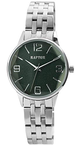 Raptor Damen-Uhr Edelstahl Gleiderarmband Faltschließe rund Analog Quarz RA10203 (silberfarbig/grün) von Raptor