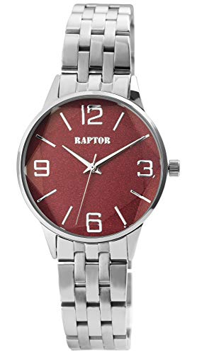Raptor Damen-Uhr Edelstahl Gleiderarmband Faltschließe rund Analog Quarz RA10203 (silberfarbig/rot) von Raptor