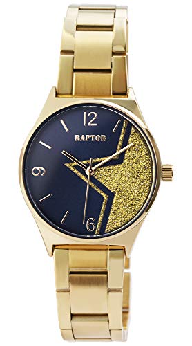 Raptor Damen-Uhr Edelstahl Stern Glitzer Faltschließe Analog Quarz RA10202 (goldfarbig/dunkelblau) von Raptor