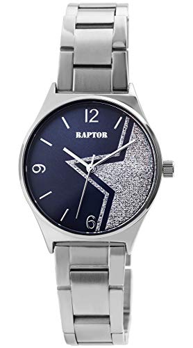 Raptor Damen-Uhr Edelstahl Stern Glitzer Faltschließe Analog Quarz RA10202 (silberfarbig/dunkelblau) von Raptor