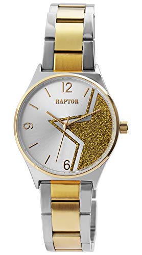 Raptor Damen-Uhr Edelstahl Stern Glitzer Faltschließe Analog Quarz RA10202 (silberfarbig/goldfarbig) von Raptor