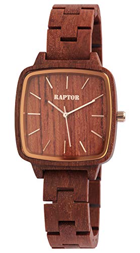 Raptor Damen-Uhr Holz eckig Natur Faltschließe Datum Analog Quarz RA10213 (Padoukholz) von Raptor