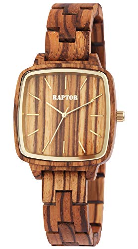 Raptor Damen-Uhr Holz eckig Natur Faltschließe Datum Analog Quarz RA10213 (Zebraholz) von Raptor