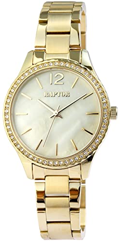 Raptor Damen-Uhr Edelstahl Armbanduhr mit perlmuttfarbigen Zifferblatt goldfarbig Glitzer Besatz Japanisches Quarzwerk von Raptor