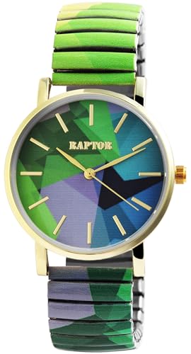Raptor Colorful Edition Damen-Uhr mit Edelstahl Zugarmband in grün Bunte Armbanduhr analog Stretch Geschenke für Frauen von Raptor