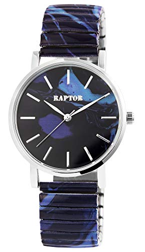 Raptor Colorful Edition Damen-Uhr Zugband Edelstahl Motiv Bunt Print Analog Quarz (dunkelblau/hellblau) von Raptor