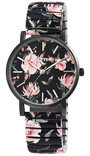 Raptor Colorful Edition Damen-Uhr Zugband Edelstahl Motiv Bunt Print Analog Quarz (schwarz/rosa) von Raptor