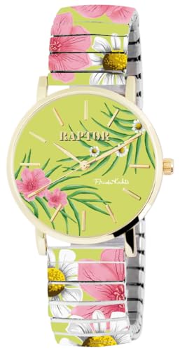Raptor Damenarmbanduhr Frida Kahlo Edition mit Zugband (Mehrfarbig - Limettengrün mit Margeriten) von Raptor