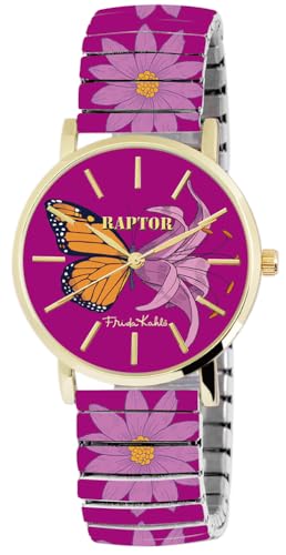 Raptor Damenarmbanduhr Frida Kahlo Edition mit Zugband (Mehrfarbig - Pink-Lila Blumen) von Raptor